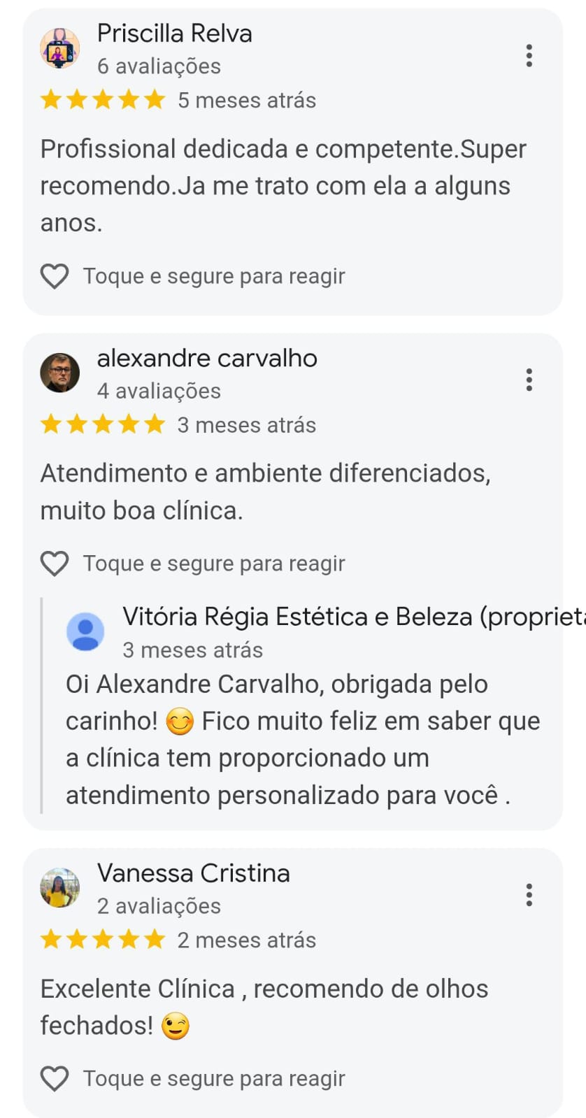 Avaliação de cliente da Vitória Régia