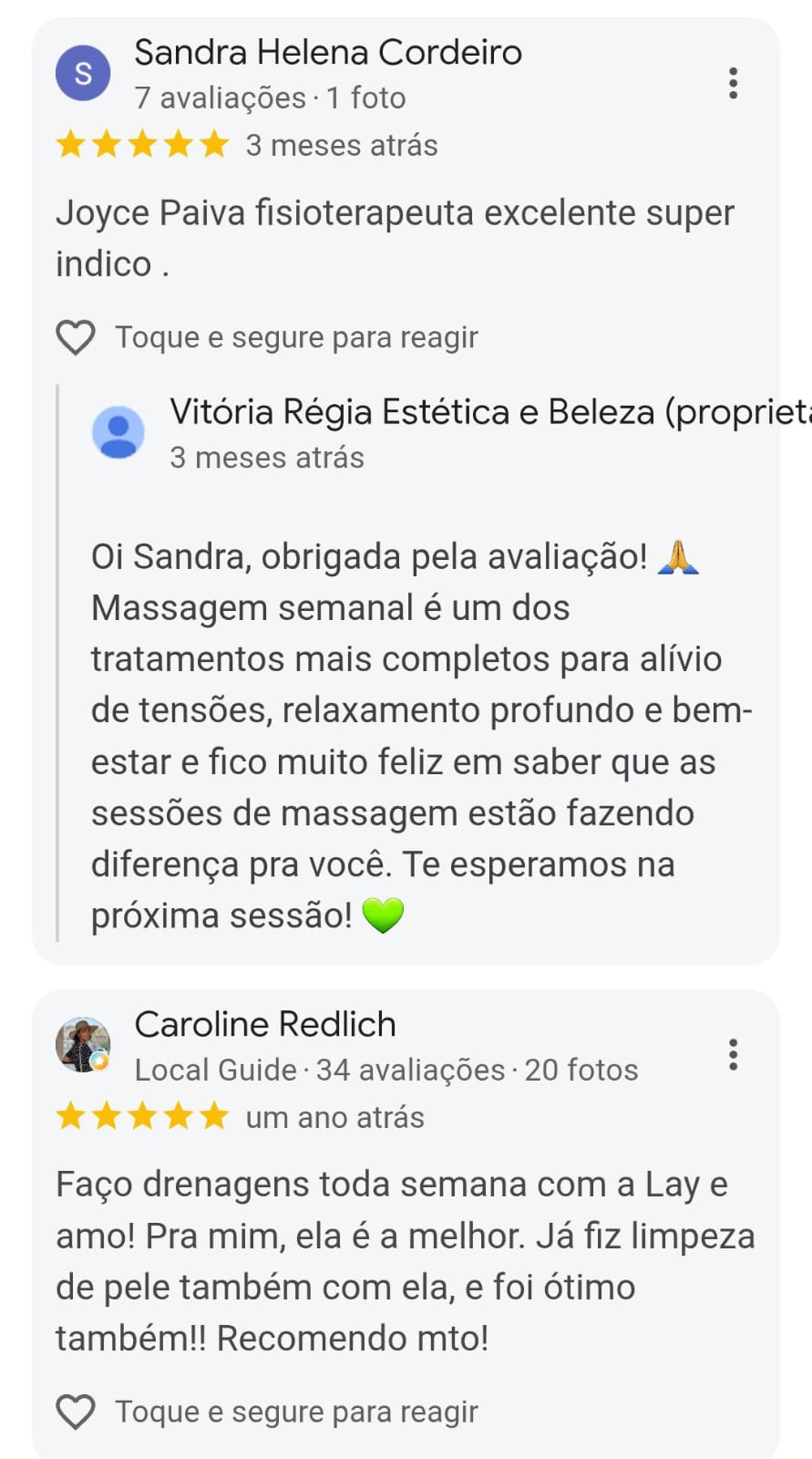 Avaliação de cliente da Vitória Régia