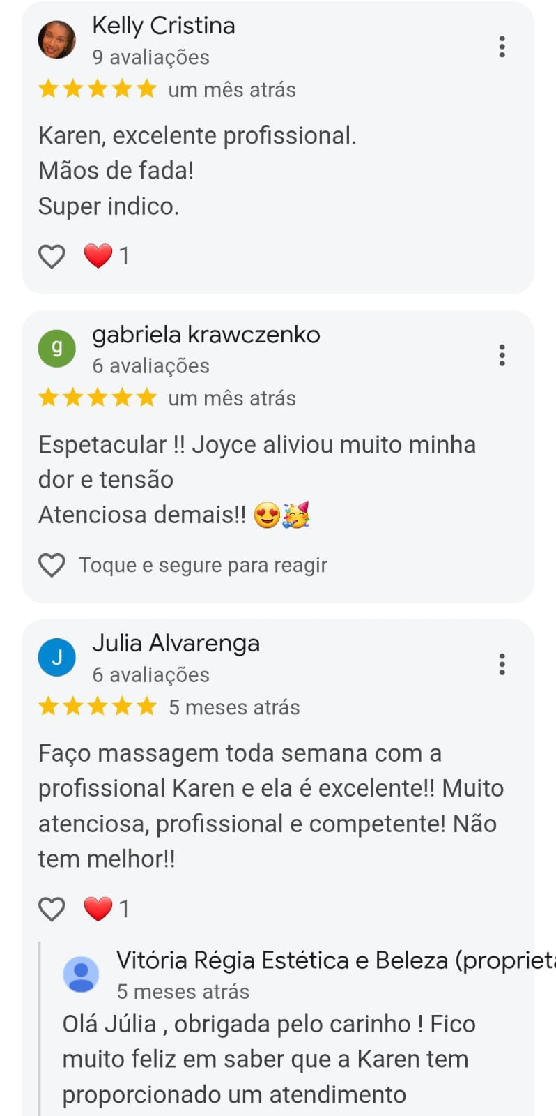 Avaliação de cliente da Vitória Régia