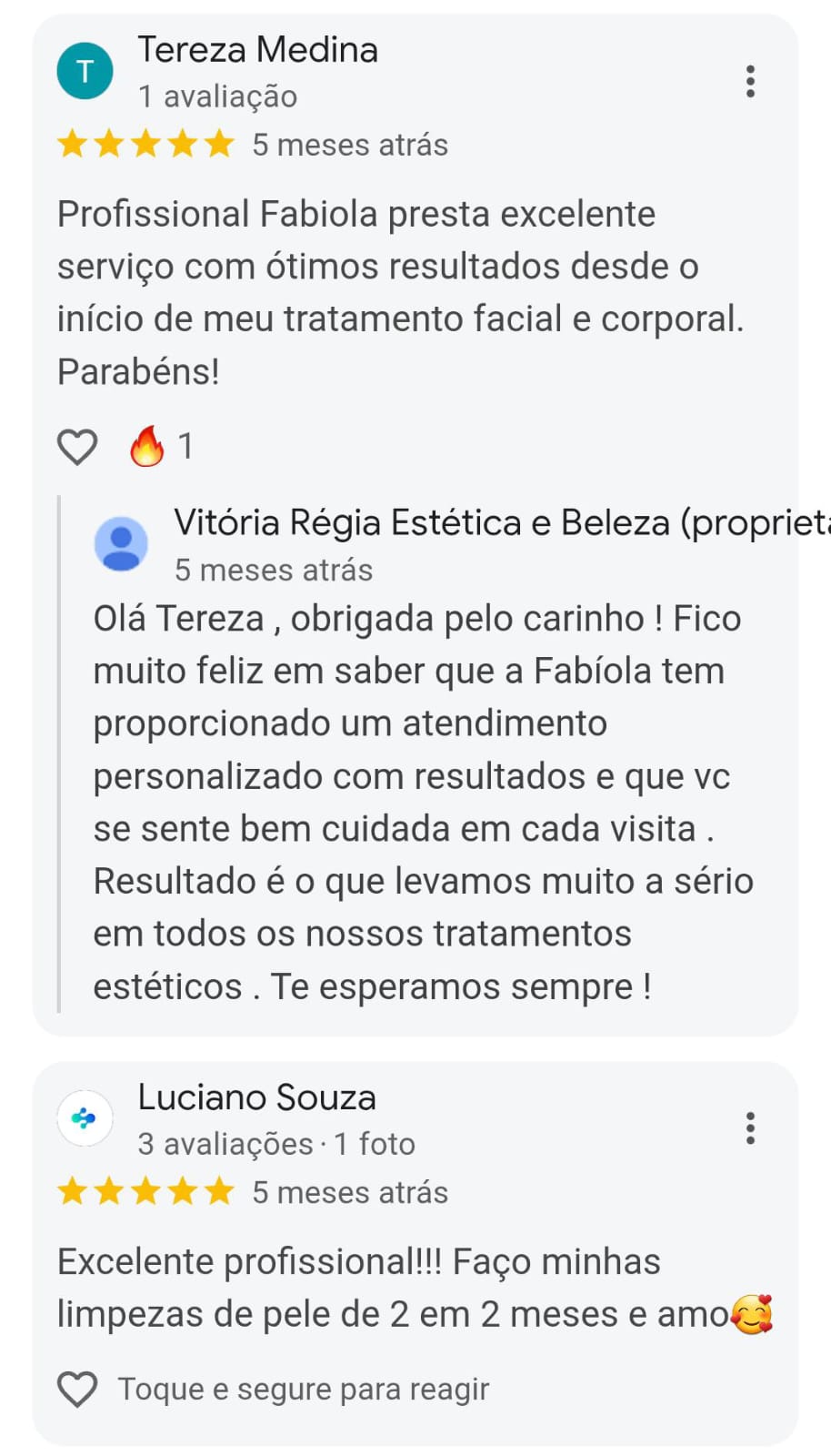 Avaliação de cliente da Vitória Régia