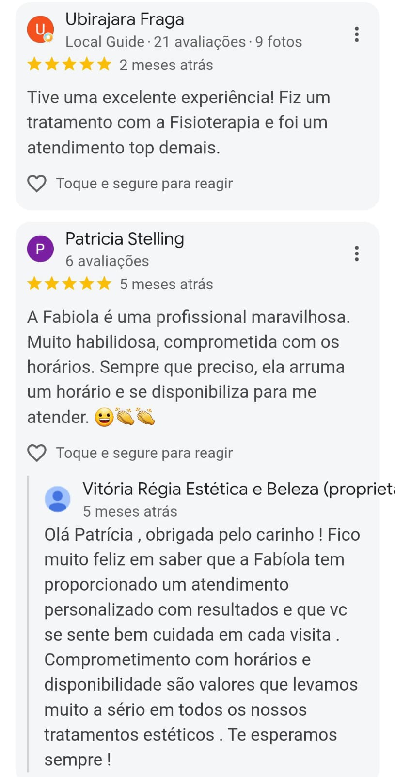 Avaliação de cliente da Vitória Régia
